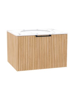 WOODEN Szafka drewniana wisząca Dąb Naturalny z blatem i umywalką podblatową - komplet, 60cm, Lamele, na wymiar, Imperium