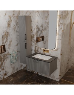 WOODEN Szafka drewniana wisząca Dąb Mglisty z blatem i umywalką podblatową - komplet, 80cm, Lamele, na wymiar, Imperium